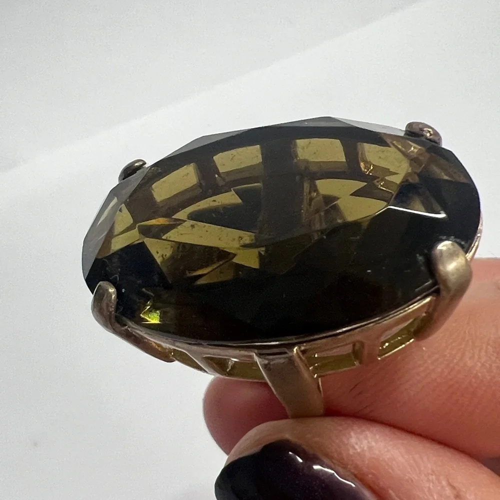 Size 6 Extra Large Jumbo Smokey Quartz Topaz Crystal Metal Basket Cocktail Ring